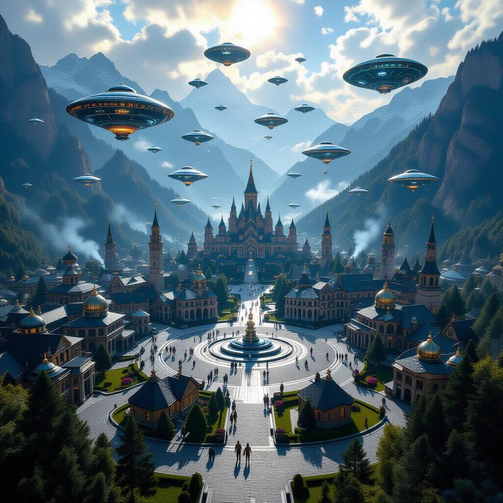 Drone shot of a capital city with a mystical society in mountainous valleys. Features alien technology, blimps, hot air balloons, and flying saucers. The scene is enveloped in a magical nebula.
