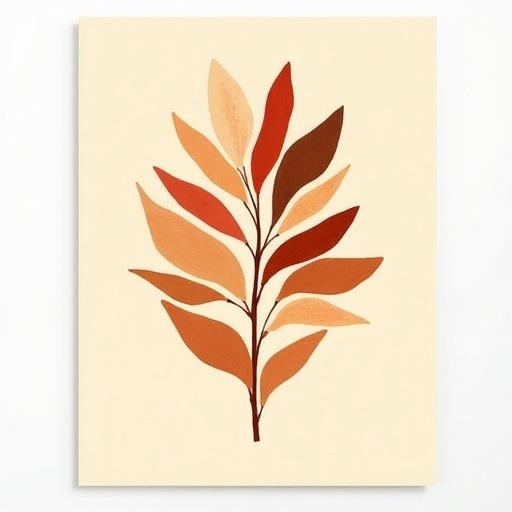 Art print featuring stylized botanical leaves. Leaves in burnt orange and earth tones. Abstract and modern aesthetic. Minimalist design.