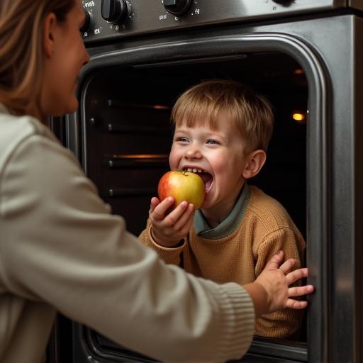 Mother interacts playfully with 10 year old child inside a kitchen oven. Child smiles with an apple in mouth. Fun family activity in warm cozy kitchen setting. A playful moment in parenting.