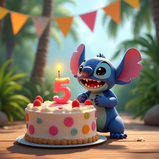 Stitch character with birthday cake featuring a number 5 candle. Background includes tropical park and flag banner. The atmosphere is joyful and festive.