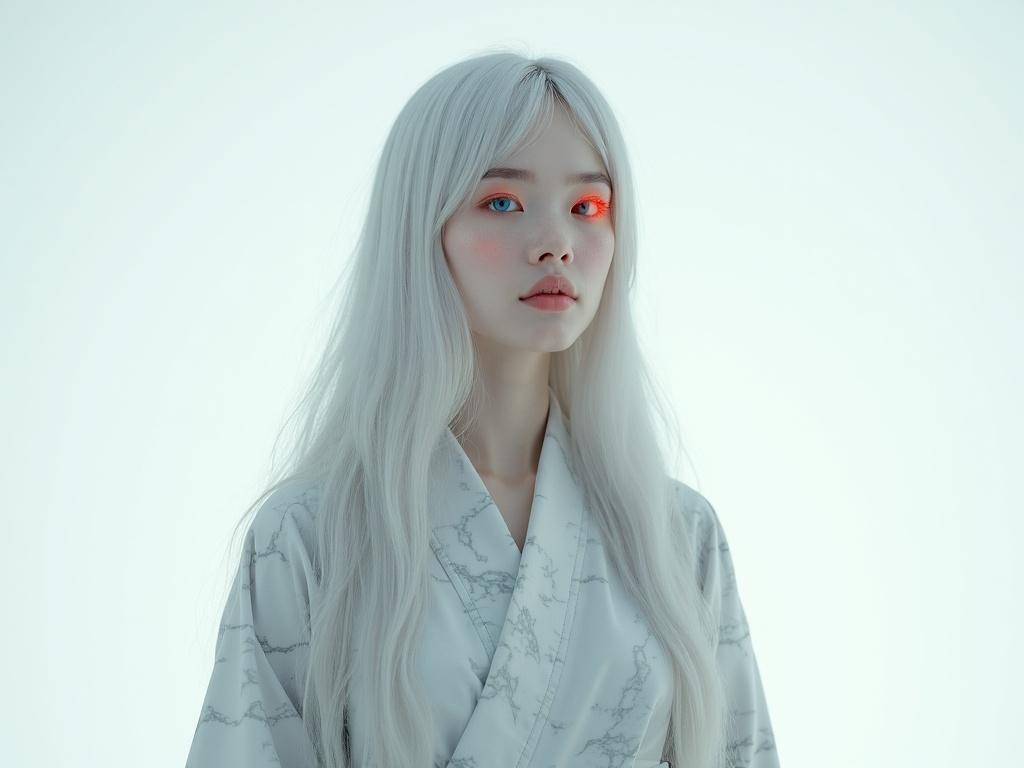 Bright surrealism art depicts a female with vivid red and blue eyes and long silver hair. She wears a marble-patterned kimono. The background is bright white with a soft, ethereal glow.