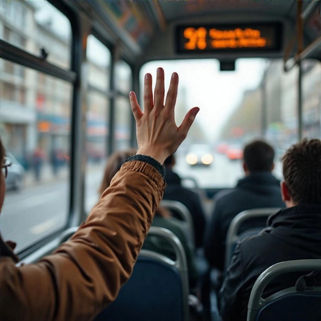 A person's hand is raised in the air on a bus. Inside view of a bus with other passengers seated. The background shows a city street view through the bus window.