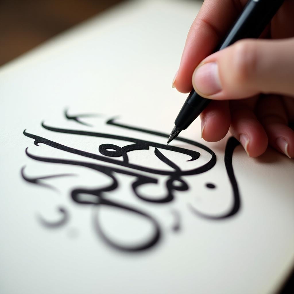 Close-up image of a hand writing Arabic calligraphy on paper. Intricate black text with artistic curves. Focus on the pen and delicate strokes. Sense of traditional art and cultural heritage.