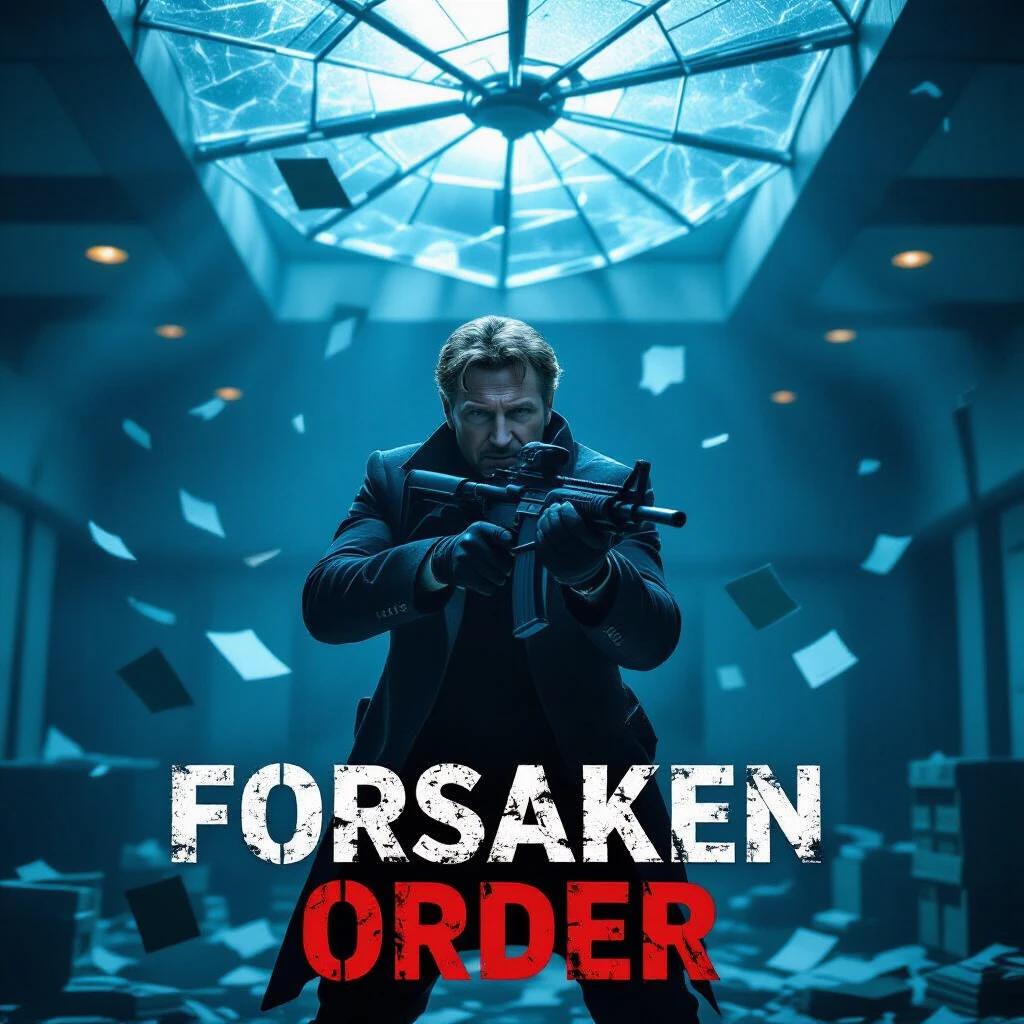Seasoned agent reveals secret agent conspiracy. Agent positioned under shattered glass ceiling. Armed with weapon; documents scattered around. Bright cool light comes through broken glass. Tense atmosphere in abandoned headquarters. Featuring movie title in military stencil font.