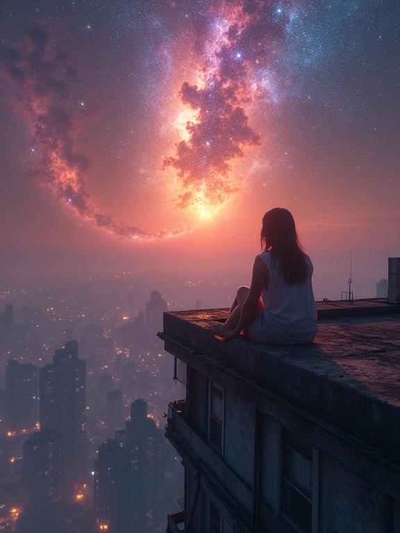 A young woman sits at the edge of a rooftop. She gazes into the vibrant cosmic nebula below. The urban landscape fades into swirling galaxies. The scene blends reality with dreamlike elements. Warm sunset colors combine with the glow of stars. Photorealistic textures enhance the surreal atmosphere.