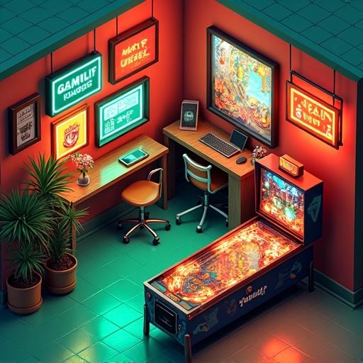 Detailed depiction of an isometric pinball gaming room. Features neon green and orange elements. Blocky design with high contrast. Shows a desk, chair, pc setup, and a pinball machine.