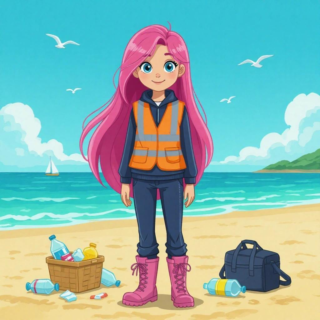 Human girl with long pink hair on a beach. She wears a hi-visibility vest Navy track top and pants. Pink wellies with pink laces. Standing near litter and a basket. Sunny day at the beach.