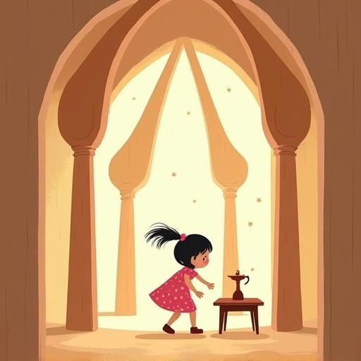 Warm flat-style illustration of a girl in a wooden house with columns. A young girl in a pink dress, short ponytail, stumbles into a tilted table. Dust floats in the air in a narrow, uncomfortable setting. Light is hazy.