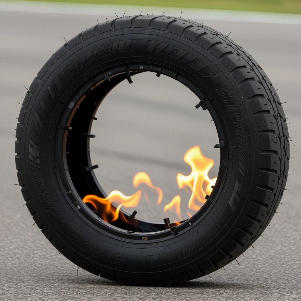 A race car tire with slits going from inner ring to outer ring appears. Flames are visible through slits to inside of tire. The setting is a racetrack with a focus on the tire. It exhibits an intense and striking visual of fire.