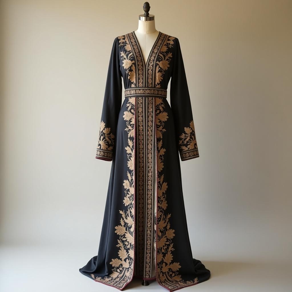 A black abaya with gold embroidery displayed on a mannequin. The gown features intricate detailing along the sleeves and front.