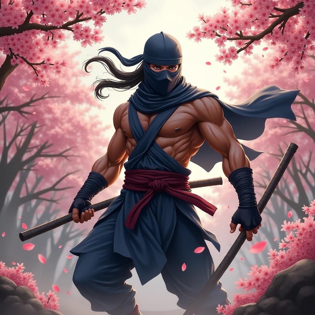 Handsome ninja with a muscular body in action flying across a landscape filled with sakura flowers. Super detailed illustration. Add letters DXB.