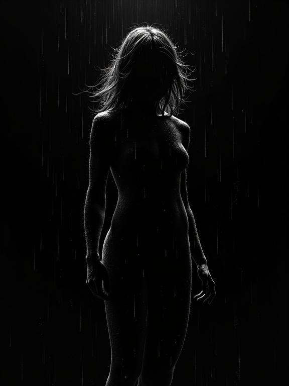 Abstract digital illustration in oil-brush style on solid black background. Female form is implied off-center, not filled. Body appears as pure void. Delicate rain-lines trace where drops fall. Thin white brush marks sketch outline in fragments. No solid fill. Negative space emphasized with painterly strokes of rain. Her essence dissolves into storm with raindrop-lit edges as evidence of presence.