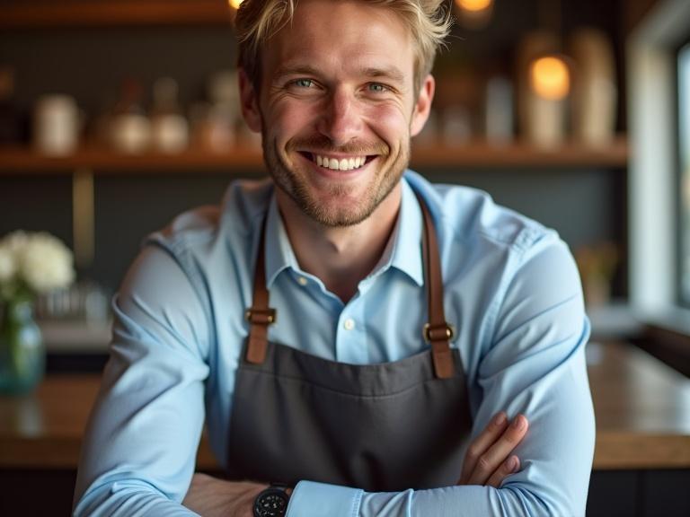 Blond male waiter with a cheerful smile sitting at a table. He wears a light blue shirt with an apron. He appears friendly and approachable. The setting is a warm and inviting restaurant environment.