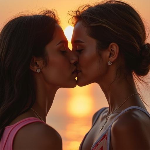 Two women are kissing at sunset. Their heads are close together. The scene has a warm and romantic atmosphere.