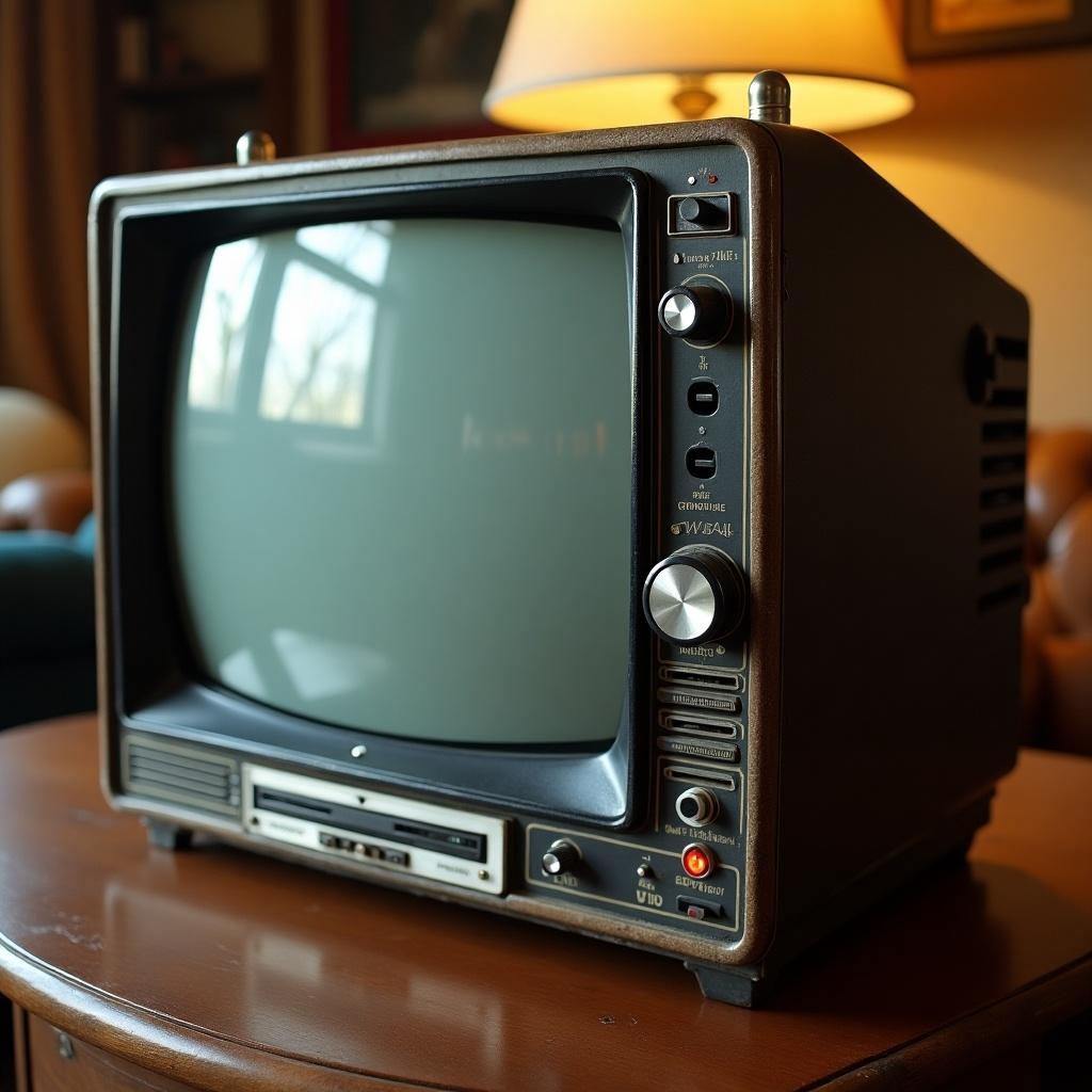 Vintage CRT television set with side knobs. The design features a wooden exterior and a classic screen. Warm lighting enhances the nostalgic feel.