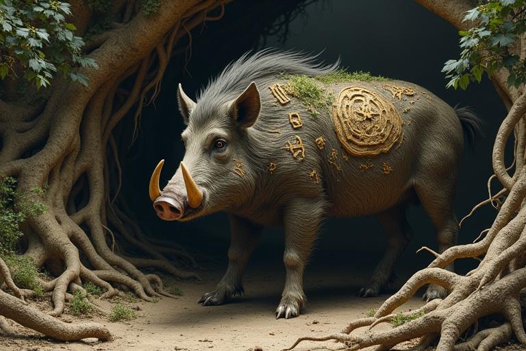 A sturdy boar with tusks resembling tree roots stands at the entrance of ancient roots. Its rough hide is covered in moss. Runes glow on its back. The setting is filled with small glowing earth creatures and damp earth scents.