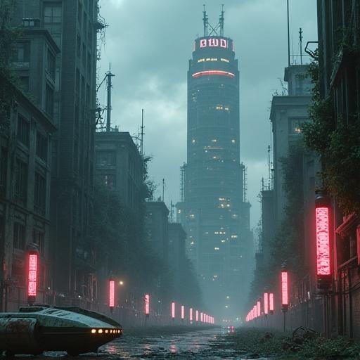 A cinematic scene of a ruined futuristic city under a stormy gray sky. Flickering neon lights and tall cyberpunk skyscrapers filled with vines. Empty streets with abandoned hovercars and broken holographic signs.