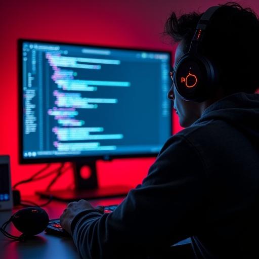 A dimly lit workspace features a computer screen showing code. Red and blue lighting creates a vibrant atmosphere. A person wears headphones, focused on coding, with a glowing keyboard in front.