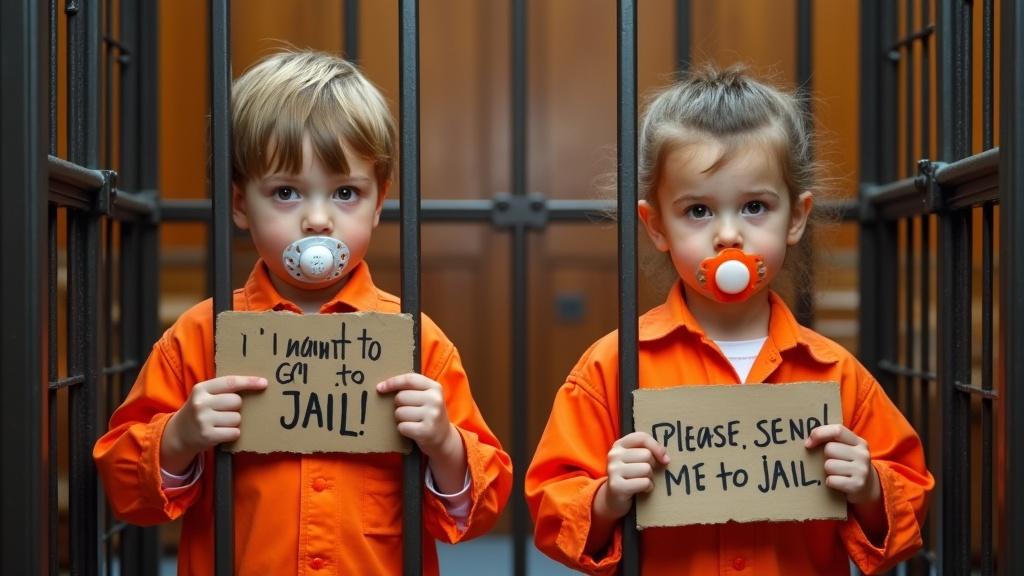 Two children wearing orange jail jumpsuits in a courtroom. They hold signs that say humorous phrases about jail. Both children have pacifiers in their mouths and point at them confidently. Their parents humorously hold signs in the background.