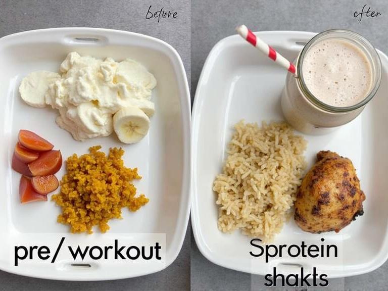 Meal prep layout displays a pre-workout banana and yogurt dish along with a post-workout protein shake made with chicken breast and rice. Arranged neatly on a plate with labels for clarity.