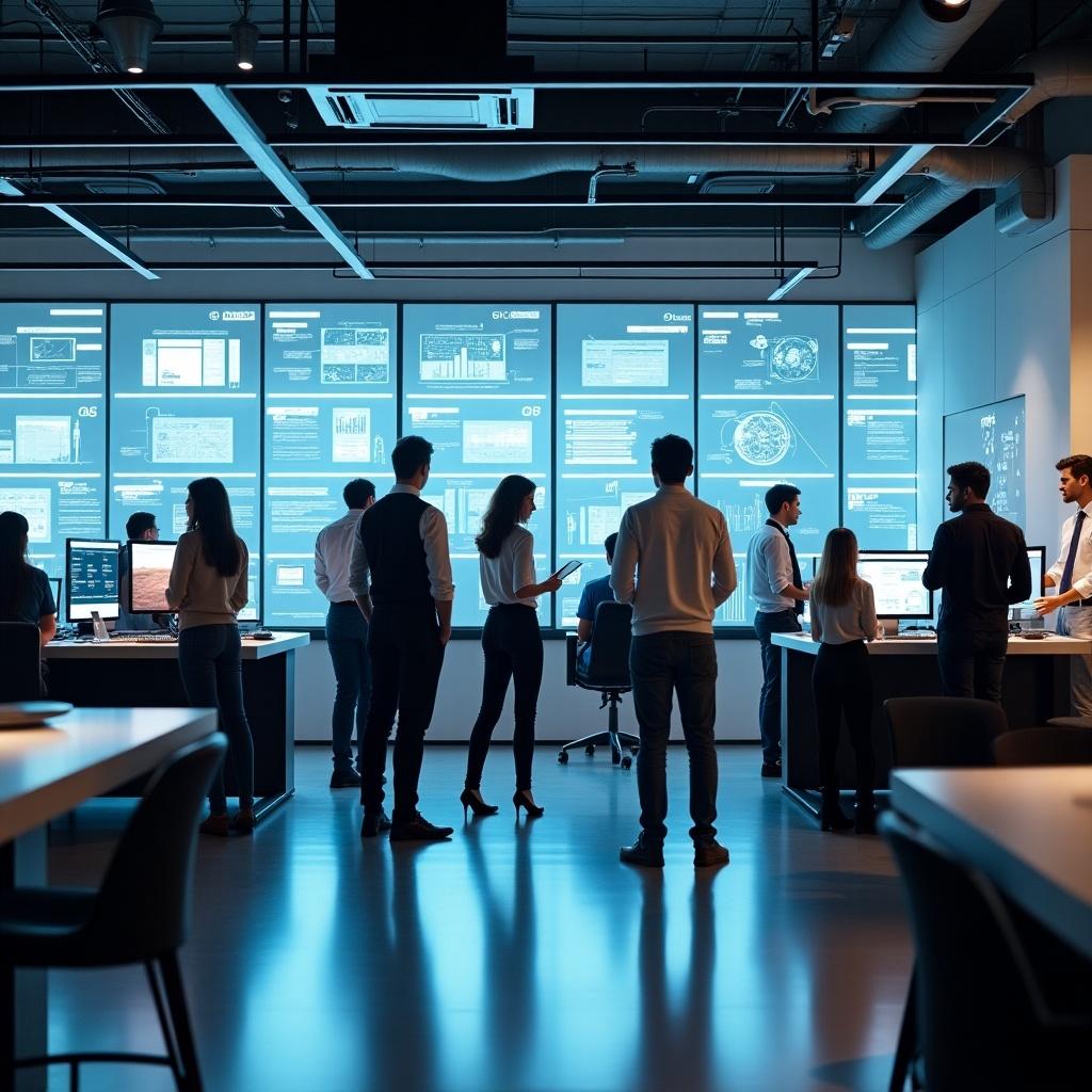 Modern office environment featuring professionals engaged in discussions around digital screens. Displays show various data and analytics.