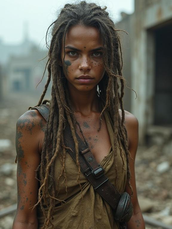 Highly detailed photorealistic portrait of a young wasteland huntress. She has a wiry physique and long tangled hair with partial dreadlocks. Her skin is dirty with mud camouflage. Marks from tribal tattoos are visible. Expression is cold and wary. Primitive self-made clothing is detailed with scavenged materials. The background shows a ruined city under a moody sky. Fujifilm XT3 DSLR captured the scene with realistic textures and subtle film grain.