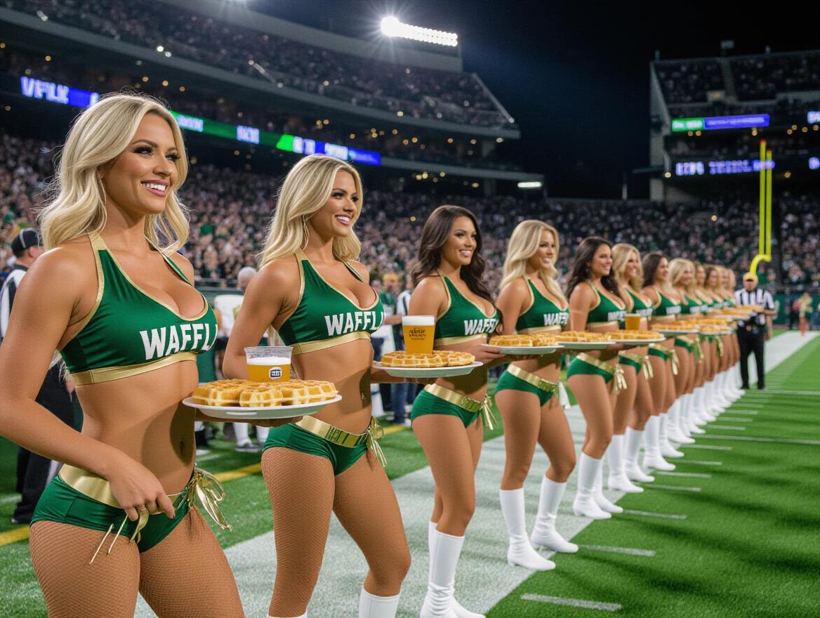 Various cheerleaders serve waffles on the sidelines at a football game. Bright lights illuminate the scene. Football fans cheer in the background. Cheerleaders wear green and gold uniforms with 'WAFFL' on them.