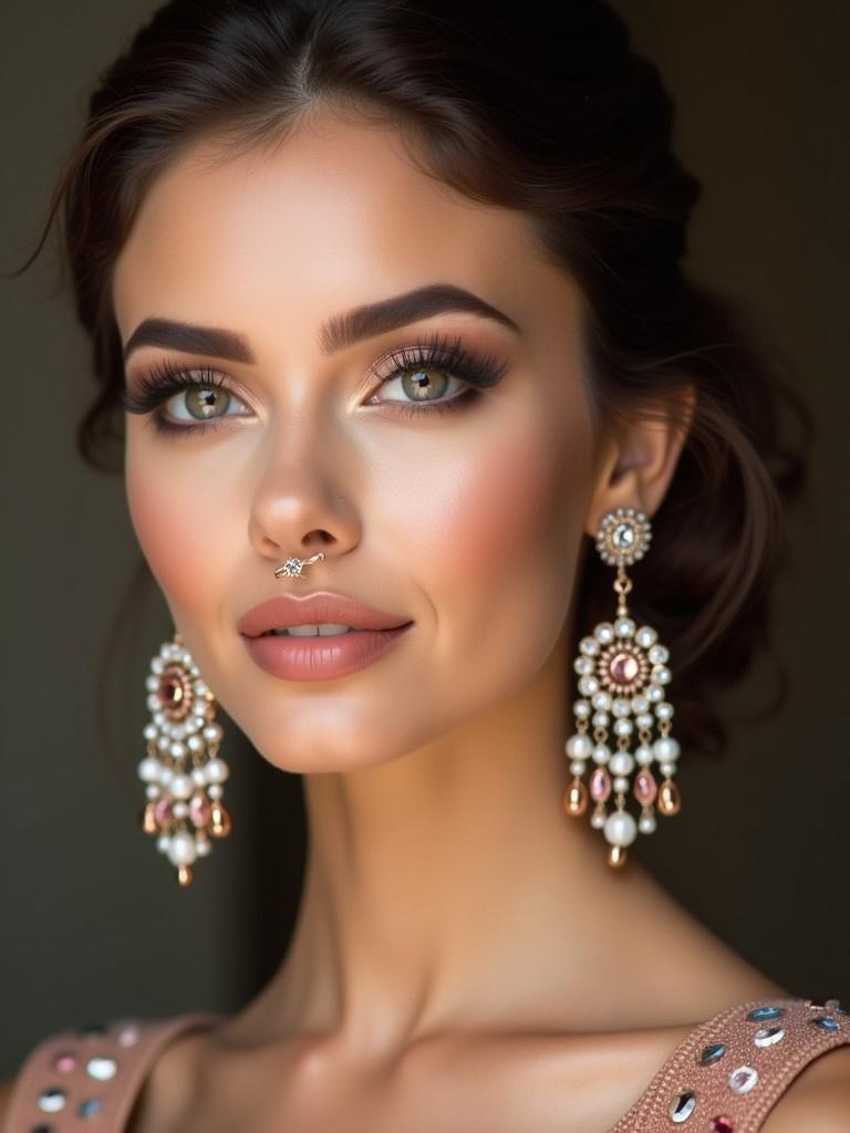 Beautiful woman showcases makeup and elegant earrings. Highlight sophistication and glamour.