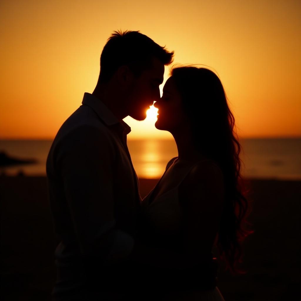 Couple embraces sharing a kiss at sunset. Silhouetted against a vibrant sky. Soft light enhances a romantic feel.