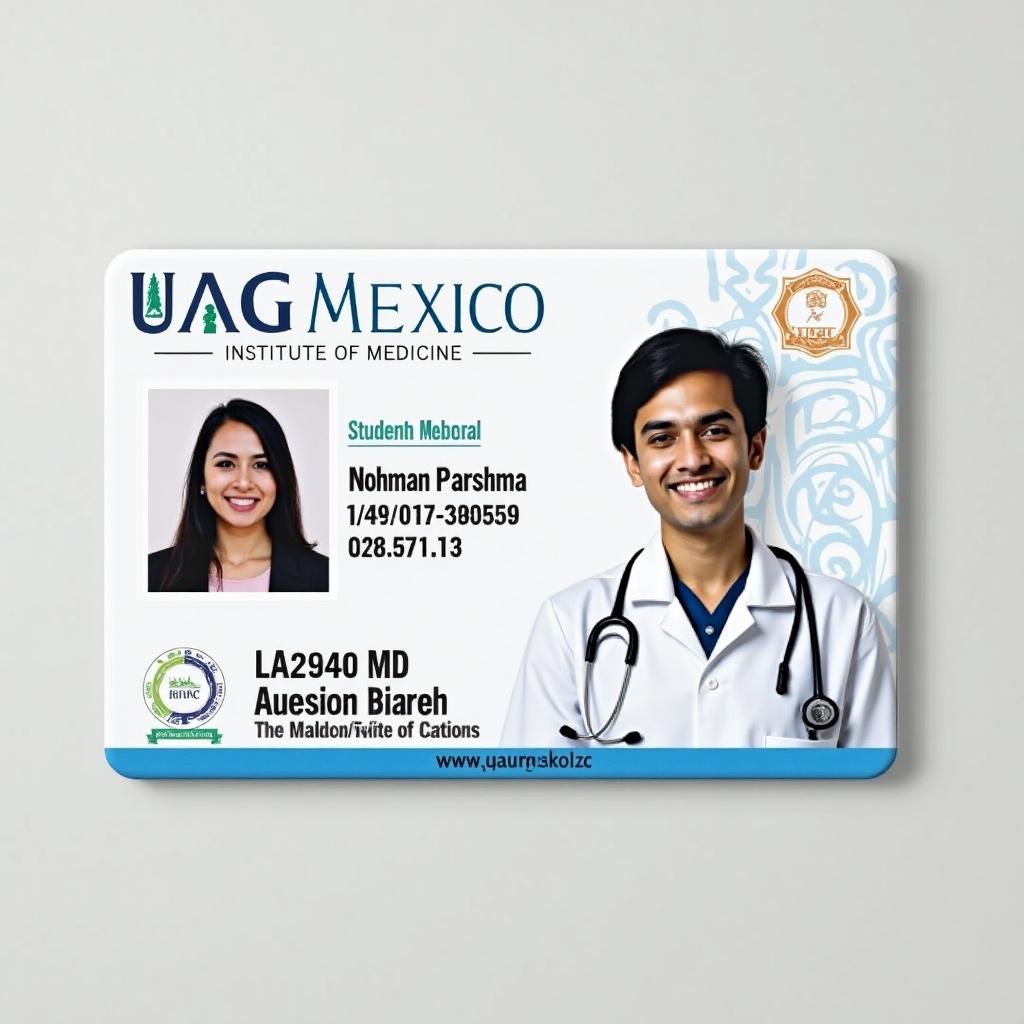 Scan of student ID card from UAG Mexico Institute of Medicine. Displays key information such as student ID number and identifiers. Incorporates recognizable elements of the institution. Used for identification purposes in academic environment.