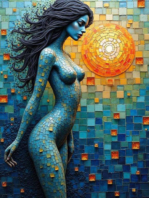 3D iridescent ceramic tile and glass mosaic artwork displaying an abstract female figure. The figure is represented with assorted size squares. Background features a vibrant sunset made of squares. Blues greens black with hints of orange pink. Art incorporates sponge dabbing and dry brush techniques.