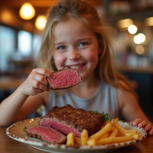 Girl smiling while holding beef in restaurant. Joyful dining experience captured in selfie format. Focus on food and happiness.