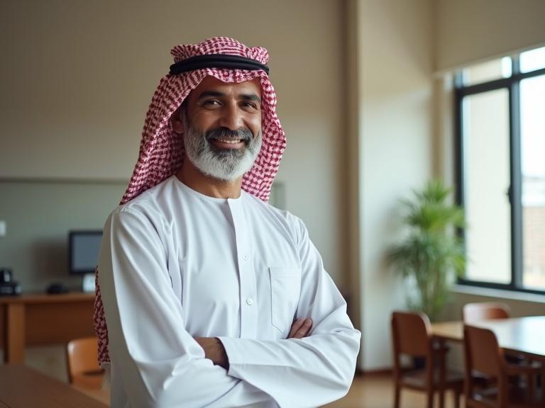 Omani male teacher stands confidently wearing a white dishdasha and patterned turban in a modern classroom. Smiling in a well-lit environment. Elegant furniture and green plants decorate the space.