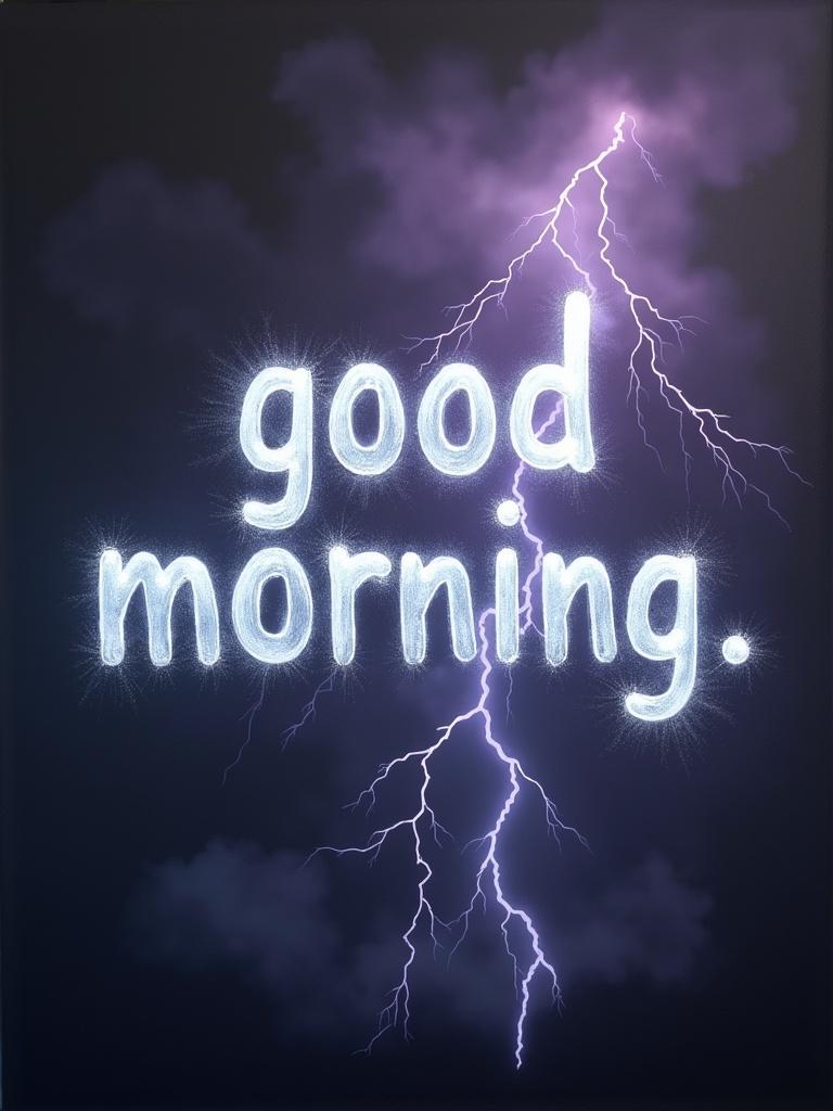 Hyperrealistic thunderstorm background features a glowing purple and silver light. The phrase 'good morning' appears in large, luminous font. Airbrush painting with dramatic cloud effects and lightning strikes.