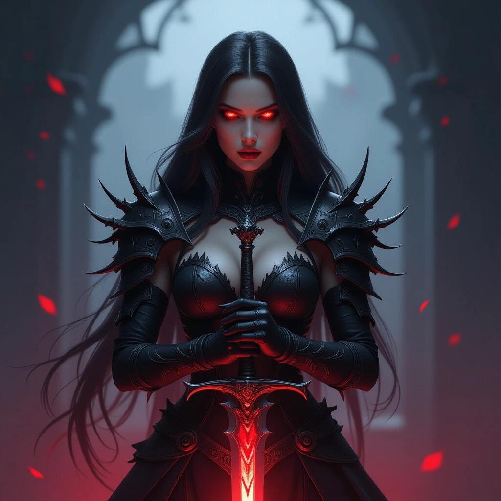 A powerful female figure stands in dark armor. She grips a glowing sword. Her long hair flows beautifully. A mysterious aura surrounds her. The atmosphere is dark and mystical. Red lighting enhances the dramatic scene. A captivating blend of confidence and allure is present. The setting hints at danger and intrigue.