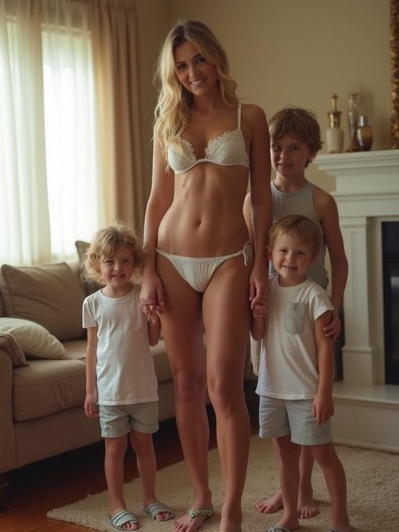 A full body photo features a beautiful blonde-haired mother standing proudly with her three sons in a cozy living room setting. The mother's fashion showcases a delicate white bra and low-rise underwear, embodying a confident and sultry vibe, while her children are casually dressed in light-colored attire. The living room exudes warmth with soft curtains and a stylish ambiance.