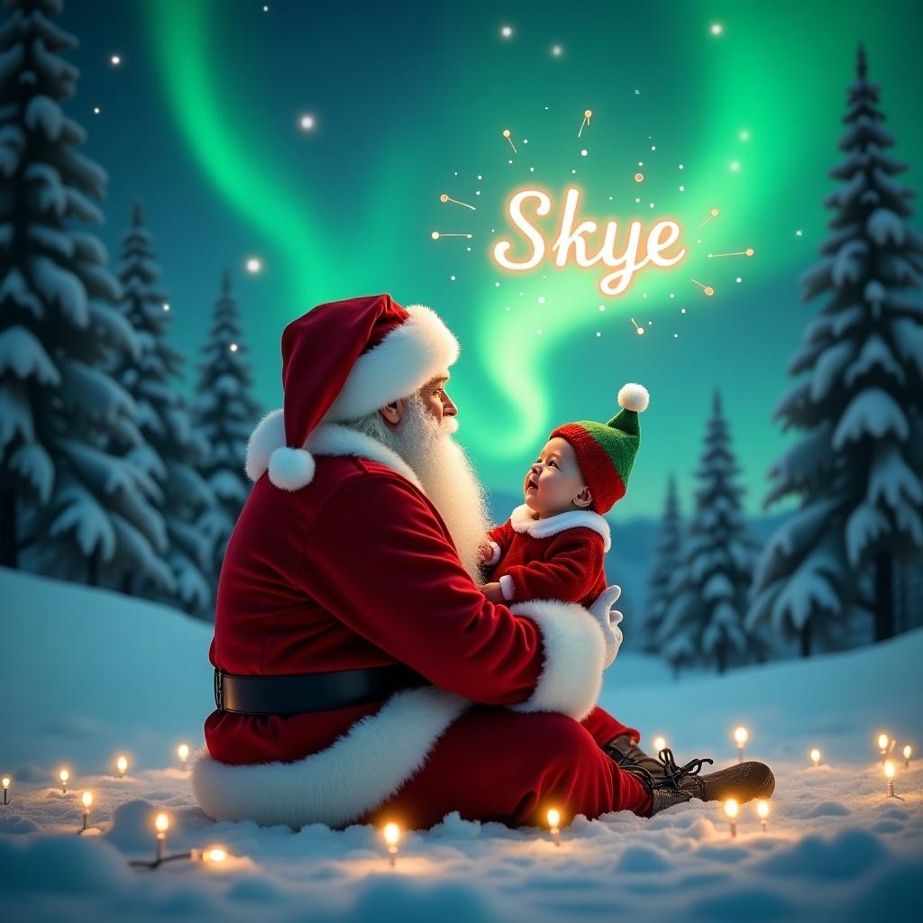 The scene shows Santa holding a newborn baby dressed in an elf costume. Santa gazes upward with magic finger, conjuring the name 'Skye' in glowing script. Northern lights dance in the background. Snow-covered trees fill the landscape. Soft lights enhance the cozy festive feel.