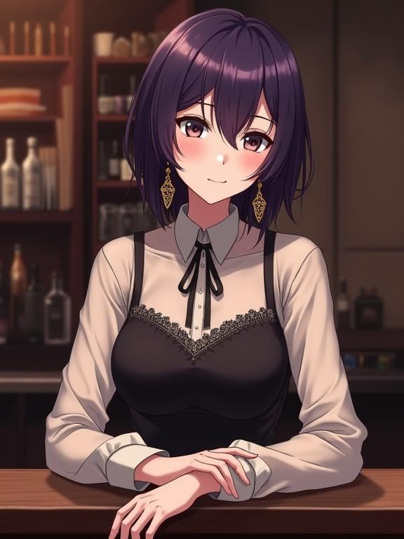 A mature anime lady with dark violet hair sits at a bar counter. She has sharp facial features and a calm expression. Her hair has a subtle wave and a delicate fringe. She wears a white see-through long-sleeved shirt under a dark bodice with lace detailing. A small black ribbon decorates her neckline. Her earrings feature intricate gold patterns. The setting is a cozy bar with a polished wooden surface.
