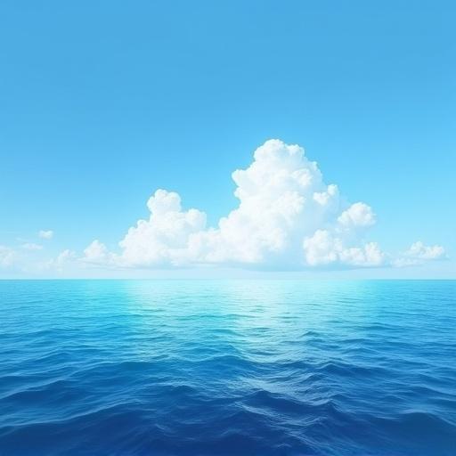 Vast ocean under a clear blue sky with beautiful clouds. Sunlight glistens on the water surface. Ocean merges with sky at the horizon, ground merges at left.