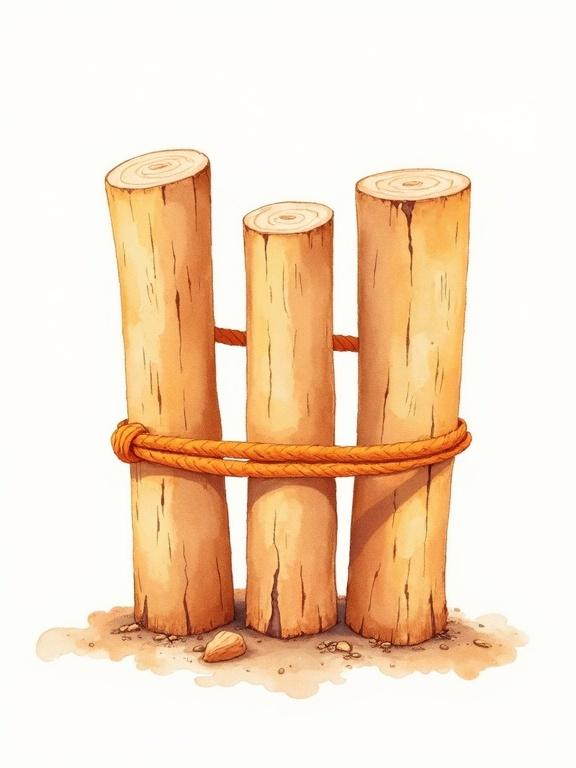 Watercolor illustration featuring three large vertical logs of ochre color tied tightly with orange ropes. Background is blank and centered. Logs are of different sizes and placed closely together.