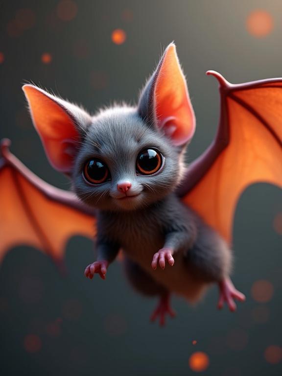 3D render illustration of a cute flying bat. Fantasy-themed artwork. Masterpiece quality. Heartwarming design.