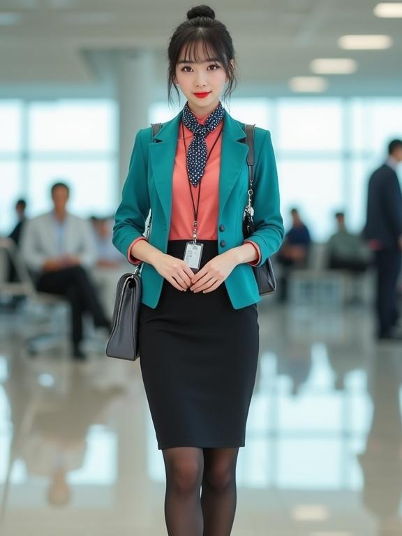 Female airport ground staff uniform concept. Late-20s East Asian woman. Coral-pink blouse with turquoise blazer. Black knee-length pencil skirt. Black pantyhose and closed-toe pumps. Black hair in a bun. Light makeup, friendly smile. Name tag on blazer. ID badge on a lanyard. Gingham scarf tied at neck. Dark-grey satchel. Inside airport terminal. Standing straight with clasped hands.