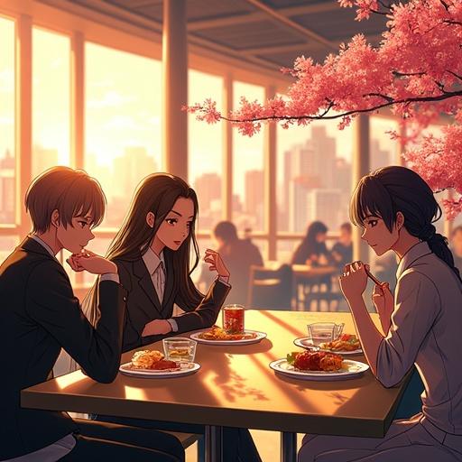 Futuristic and luxurious high school cafeteria scene set in Aquamarie Setsuka Kamakiri Academy. Morning light casts a warm glow. Three students dressed fashionably enjoy breakfast together. Red cherry blossom decor enhances the atmosphere.