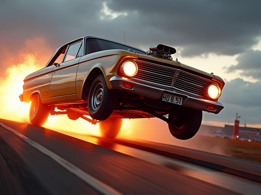 Exciting action shot of a 1961 Ford Falcon hot rod jumping off a ramp. Sparks flying create a dynamic background. Vehicle has LED underglow effects enhancing visual impact.