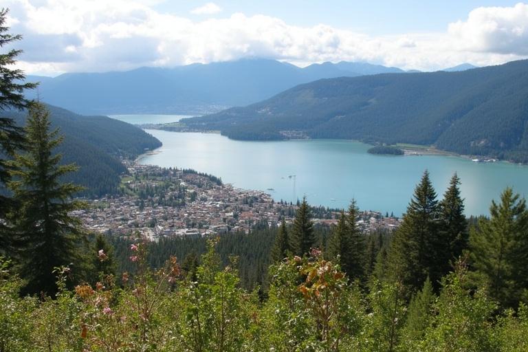 A panoramic view of Peachland, British Columbia, featuring a scenic lake surrounded by mountains and trees. The town is visible along the water's edge in bright daylight.