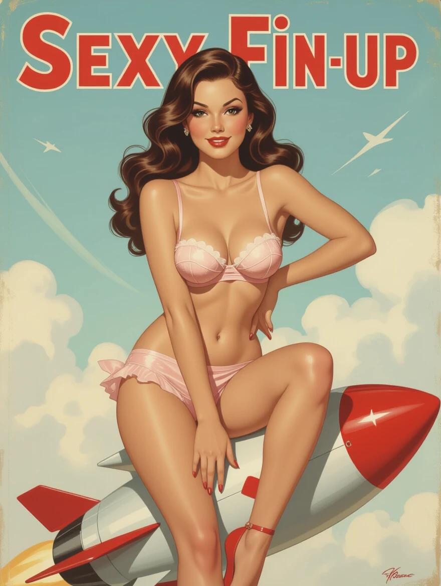 Create a pin-up model in a realistic style. The model wears pink lingerie and sits confidently on a large rocket. The background is bright and airy giving a studio vibe.