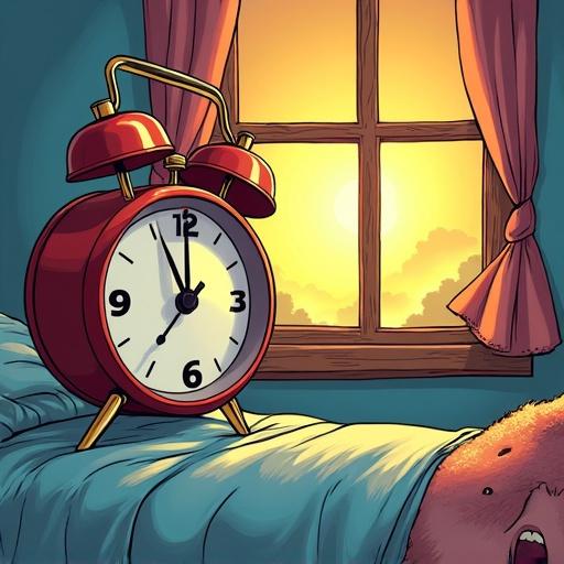 A classic alarm clock with spinning hands. A person in pajamas is surprised. Sunlight shines through a window. The style is playful and comic-like.