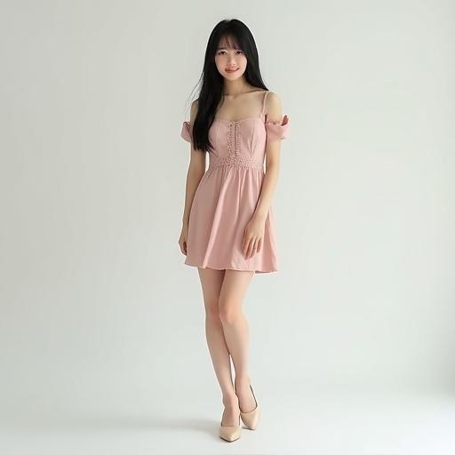 Full body photo of a Japanese idol girl. Cute elegant mini dress. Long straight black hair with bangs. Soft smile and flawless skin. Slim figure and delicate features. Fashionable shoes in a studio background. Soft shadows present.