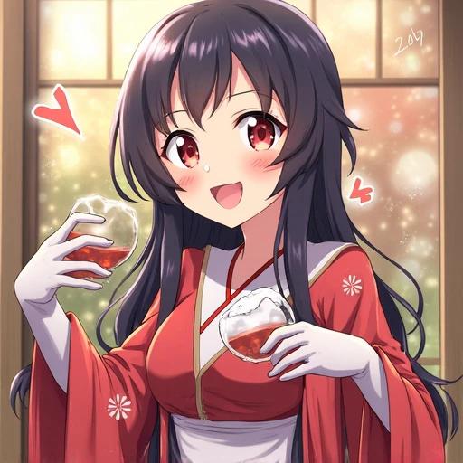 Girl wearing a red kimono smiles while holding two glasses. She has long black hair and a cheerful expression. Background shows a bright green setting.