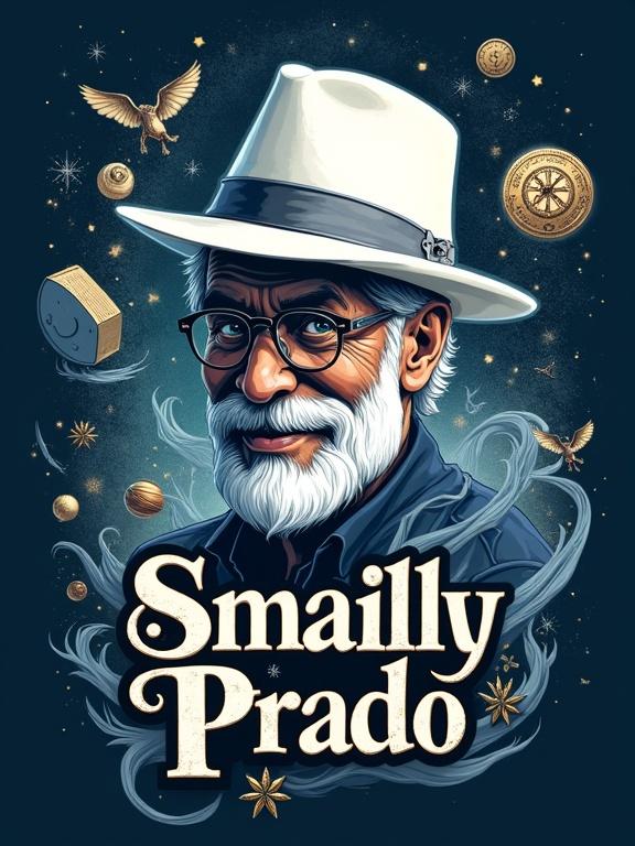 Stylized logo of fictional author with white fedora hat and glasses. Soft smile looking diagonally. Surrounded by swirling elements representing science fiction and imagination. Painterly style with organic and futuristic motifs. Name 'Smaily Prado' in elegant font below.
